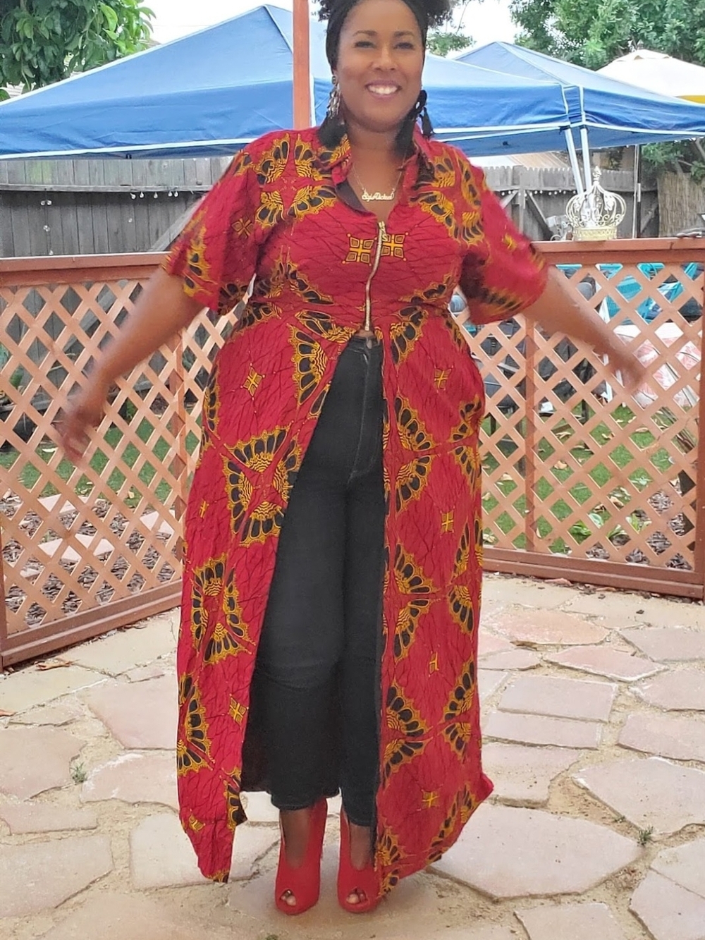 Red & Black African Print Maxi Duster